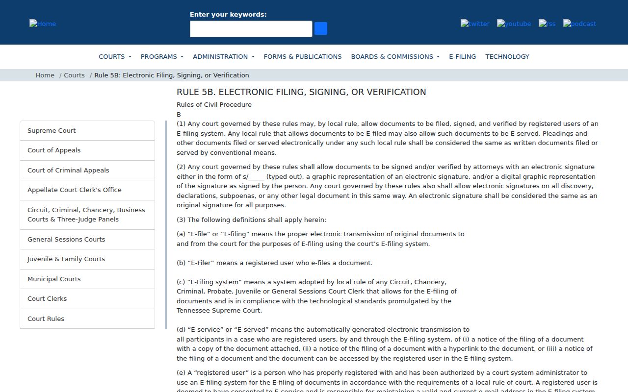 Tennessee Rule 5B source for Fayette County civil docket electronic filing