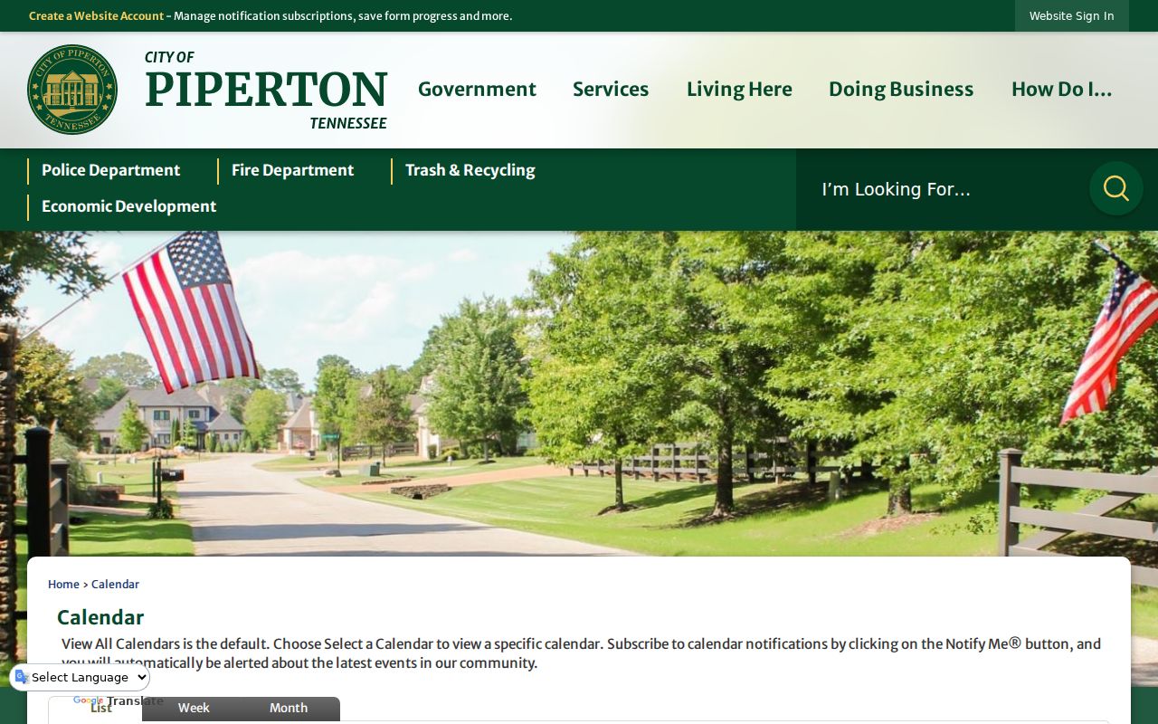 Piperton public calendar showing municipal court event controls